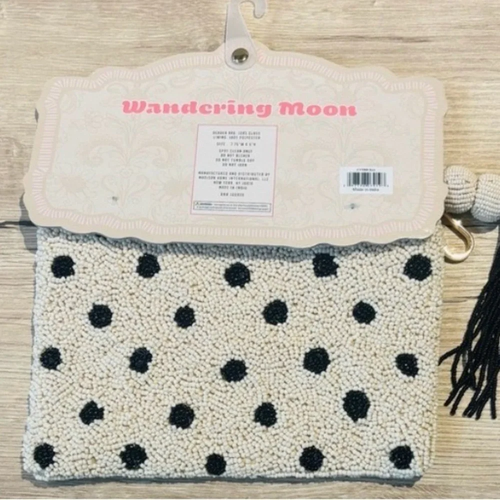 Handmade India Beaded Pouch Cream Black Polka Dot Travel Bag